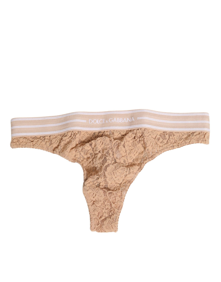 Dolce &amp; Gabbana Beige Lace Logo Elastic Waist Thong Tanga Underwear