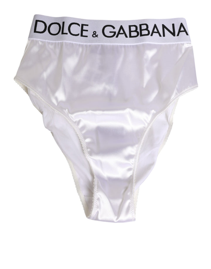 Dolce &amp; Gabbana White Satin High-Waist Brief Logo Women Underwear