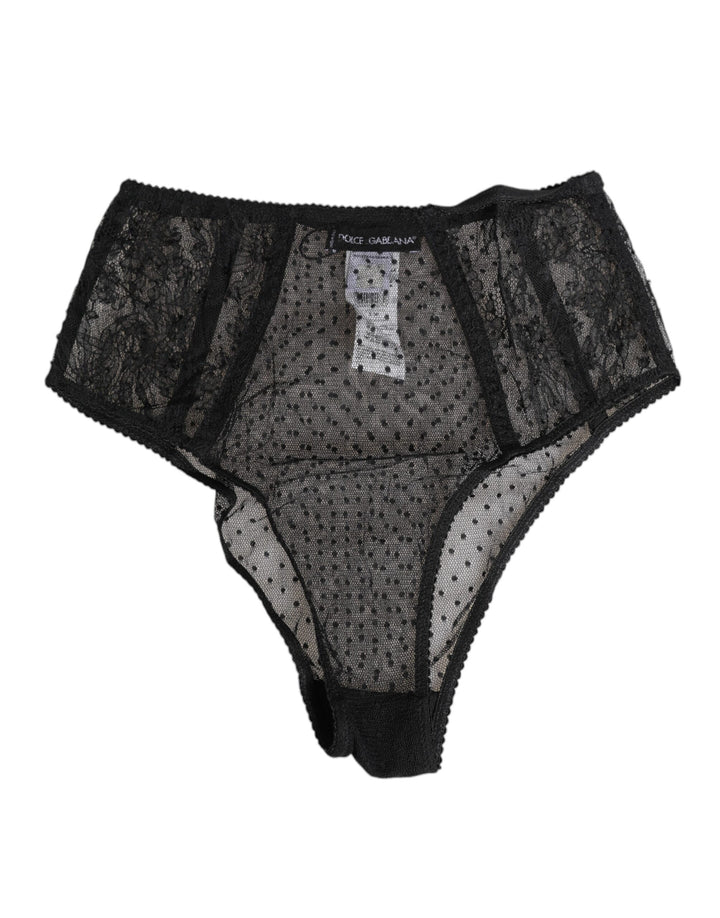 Dolce &amp; Gabbana Black Lace Polka Dot Mesh High Waist Underwear