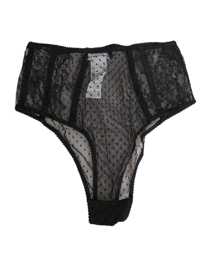 Dolce &amp; Gabbana Black Lace Polka Dot Mesh High Waist Underwear