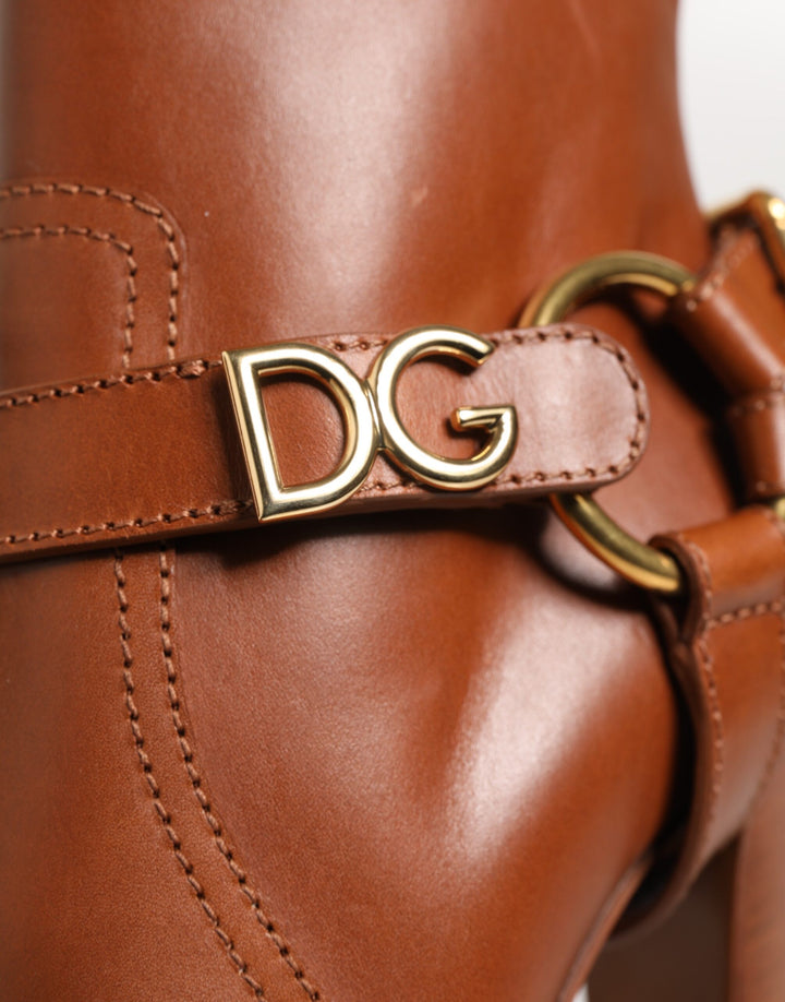 Dolce &amp; Gabbana Brown Leather DG Logo Buckle Ankle Boots Shoes