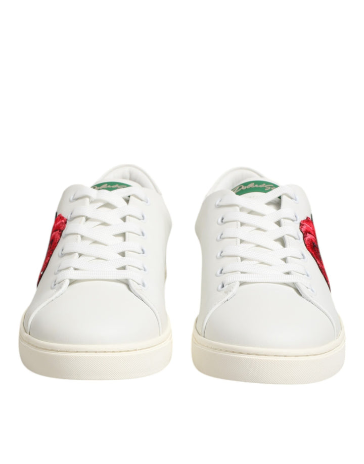 Dolce &amp; Gabbana White Leather Rose Embroidery Low-Top  Shoes