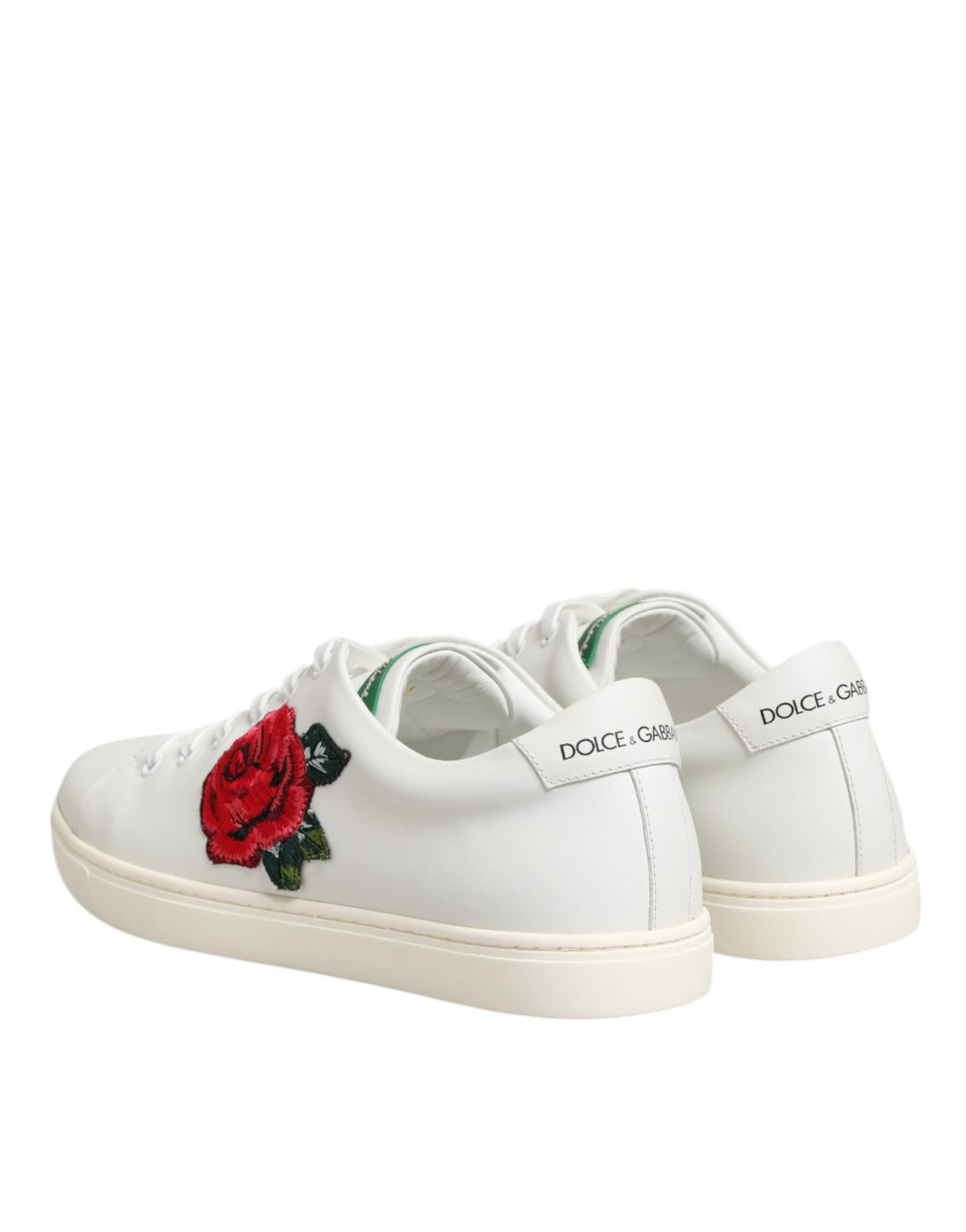 Dolce &amp; Gabbana White Leather Rose Embroidery Low-Top  Shoes