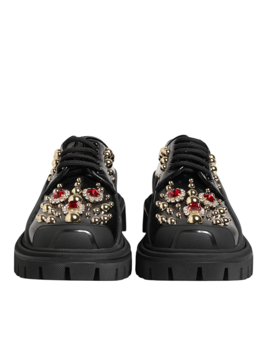 Dolce &amp; Gabbana Black Leather Jeweled Crystals Derby Shoes