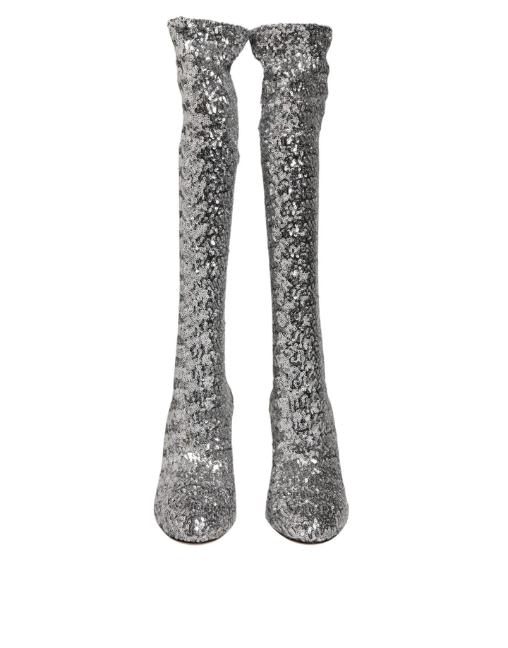 Dolce &amp; Gabbana Shoes Silver Sequins Glitter High Heel Boot Shoes
