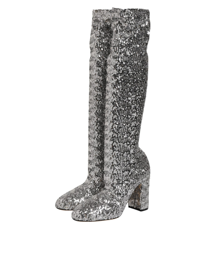 Dolce &amp; Gabbana Shoes Silver Sequins Glitter High Heel Boot Shoes