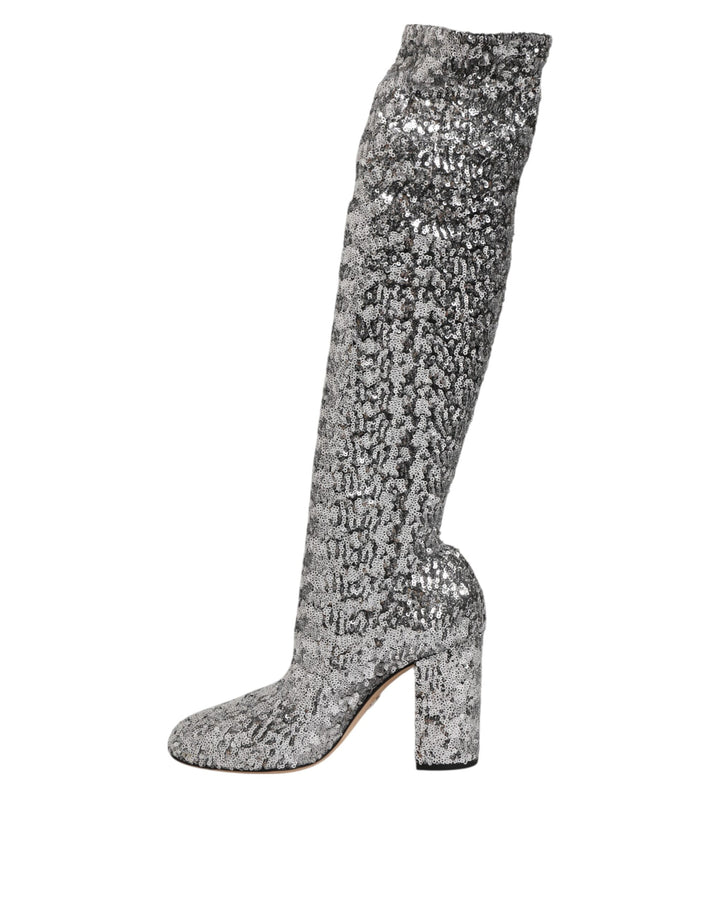 Dolce &amp; Gabbana Shoes Silver Sequins Glitter High Heel Boot Shoes