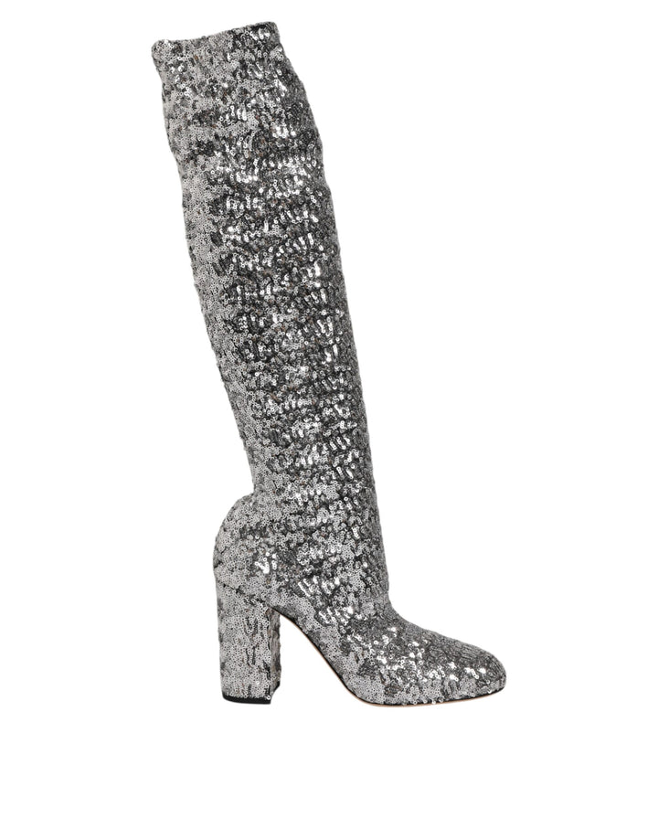 Dolce &amp; Gabbana Shoes Silver Sequins Glitter High Heel Boot Shoes