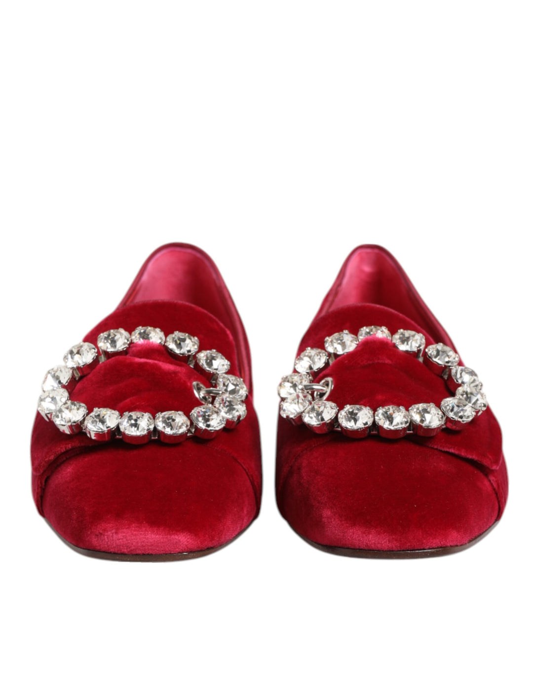 Dolce &amp; Gabbana Red Velvet Crystal Buckle Loafers Flats Shoes