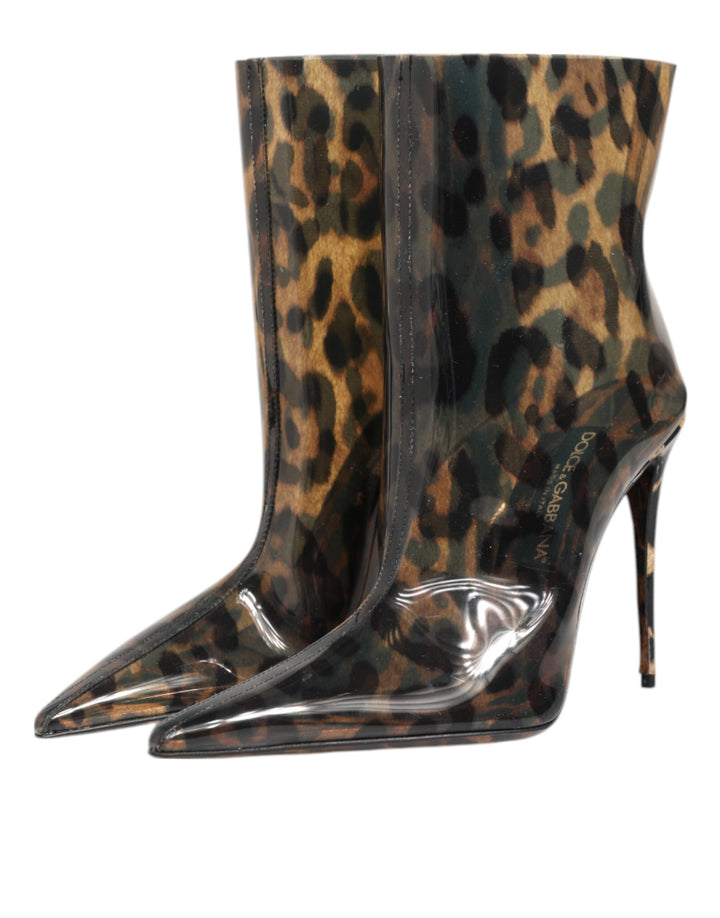 Dolce &amp; Gabbana Leopard Print PVC Pointed Toe Boots Shoes