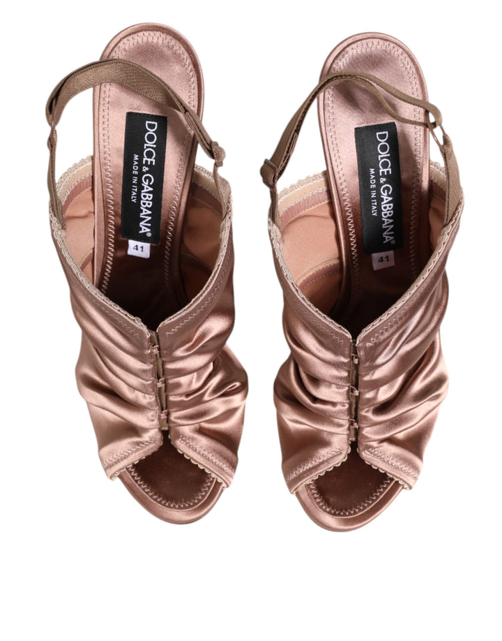 Dolce &amp; Gabbana Bronze Satin Ruched Slingback Sandals Shoes