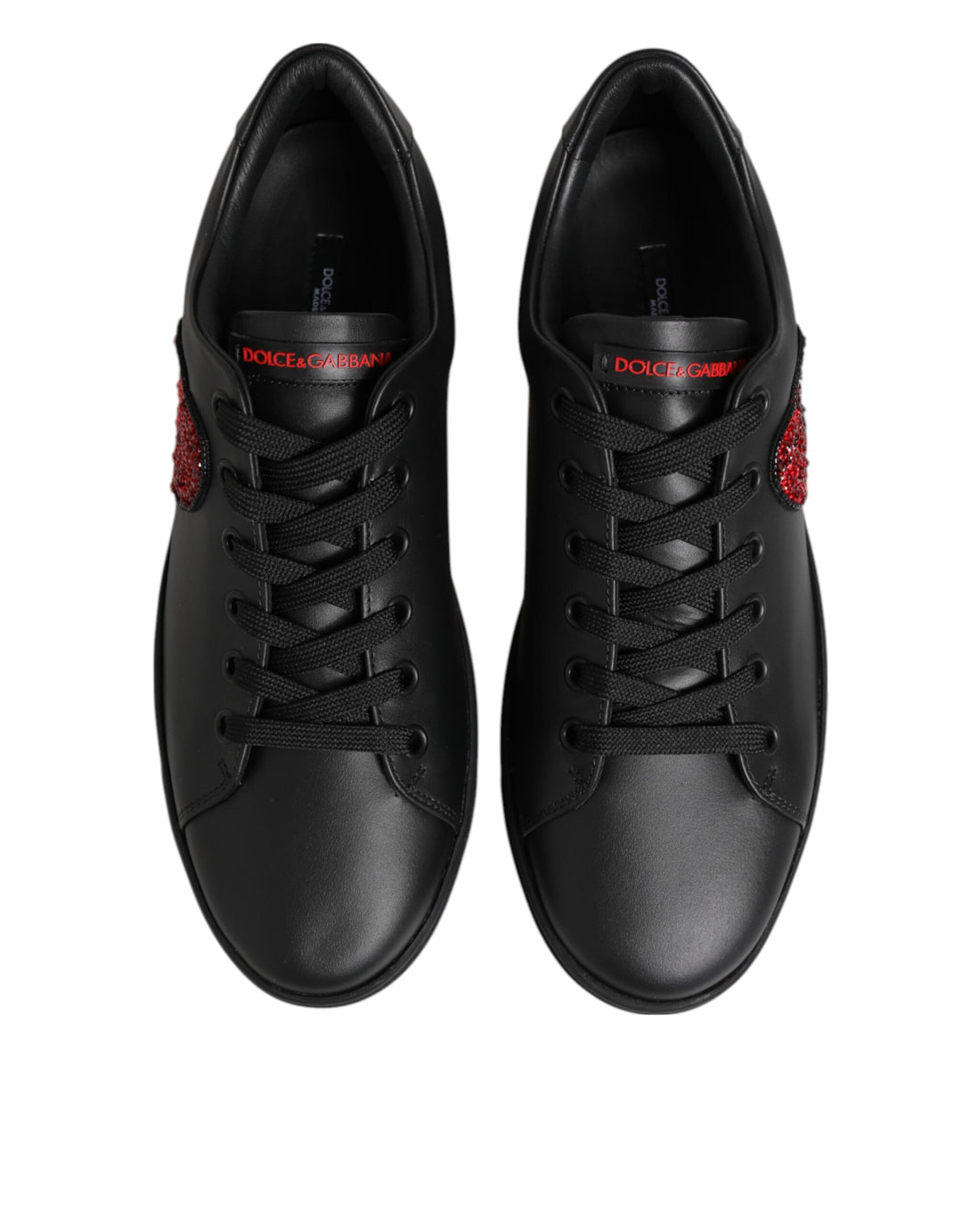 Dolce &amp; Gabbana Black Leather Crystal Heart Low Top Sneakers  Shoes