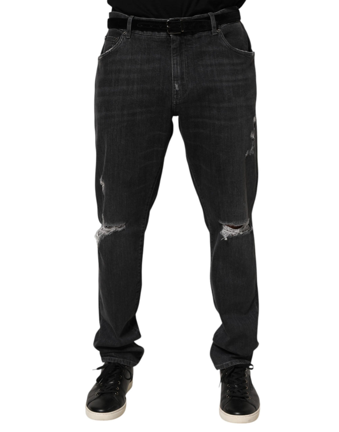 Dolce &amp; Gabbana Black Cotton Slim Fit Distressed Ripped Logo Jeans