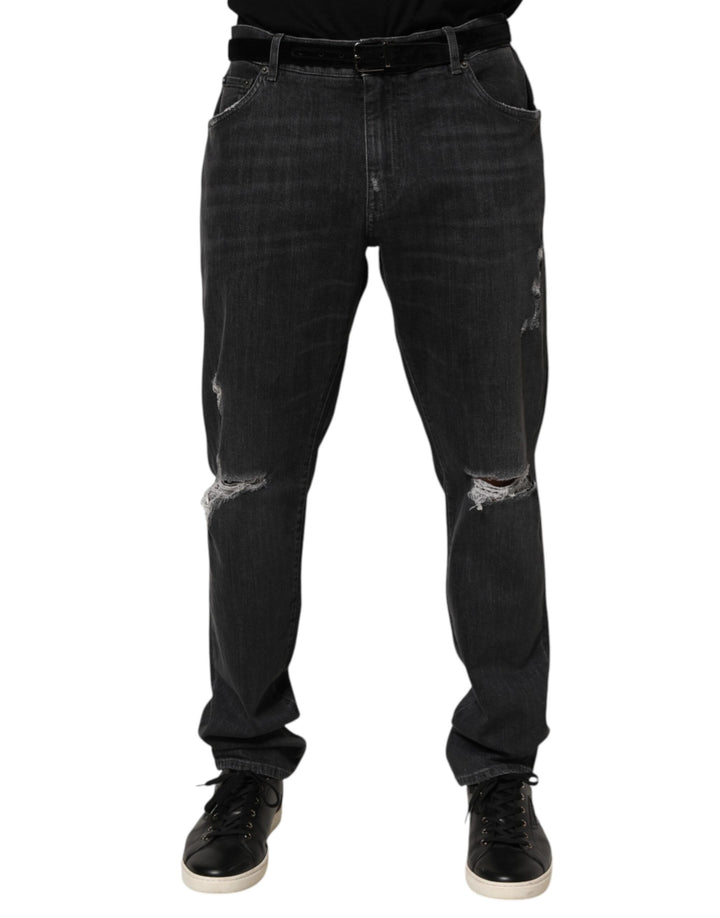 Dolce &amp; Gabbana Black Cotton Slim Fit Distressed Ripped Logo Jeans