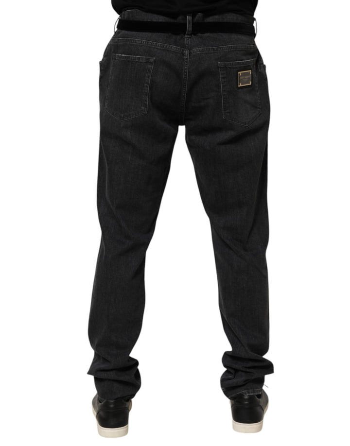 Dolce &amp; Gabbana Black Cotton Slim Fit Distressed Ripped Logo Jeans