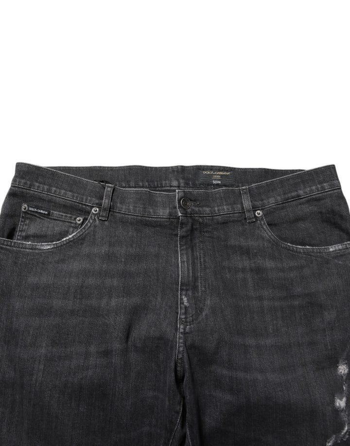 Dolce &amp; Gabbana Black Cotton Slim Fit Distressed Ripped Logo Jeans