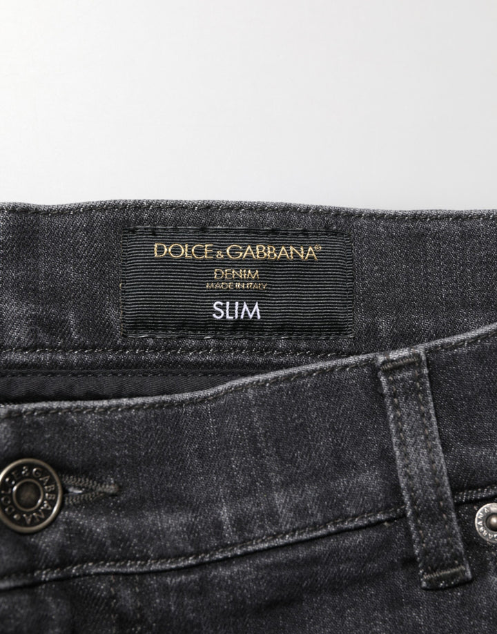 Dolce &amp; Gabbana Black Cotton Slim Fit Distressed Ripped Logo Jeans
