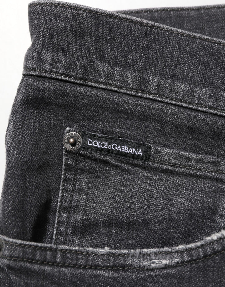 Dolce &amp; Gabbana Black Cotton Slim Fit Distressed Ripped Logo Jeans
