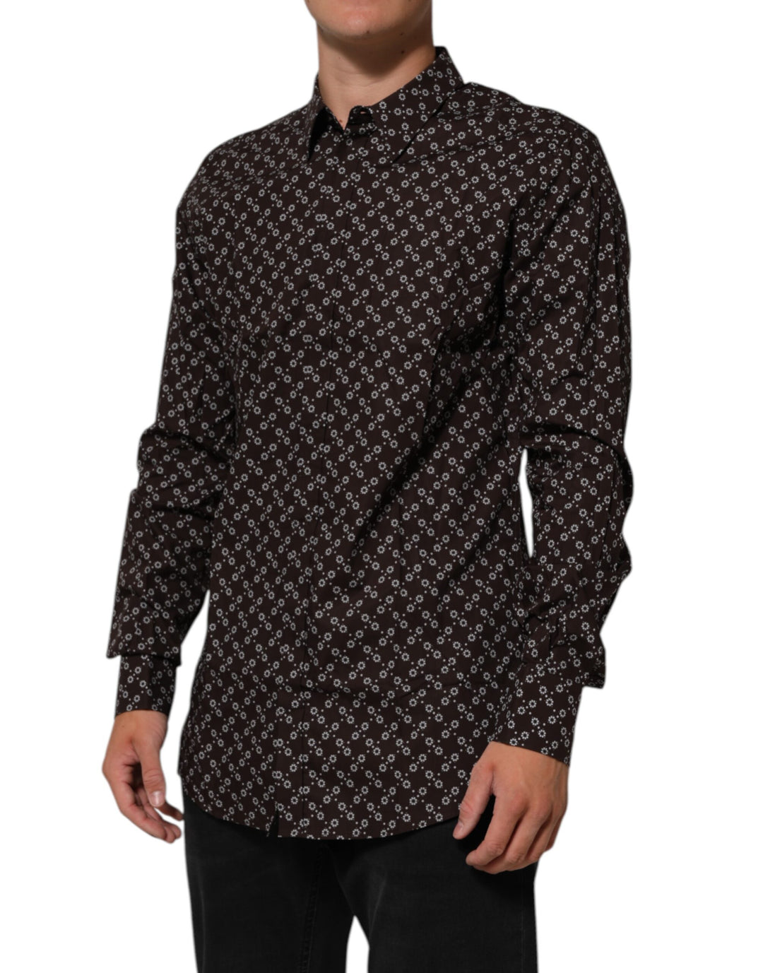 Dolce &amp; Gabbana BrownFloral Collared GOLD Formal Dress Shirt