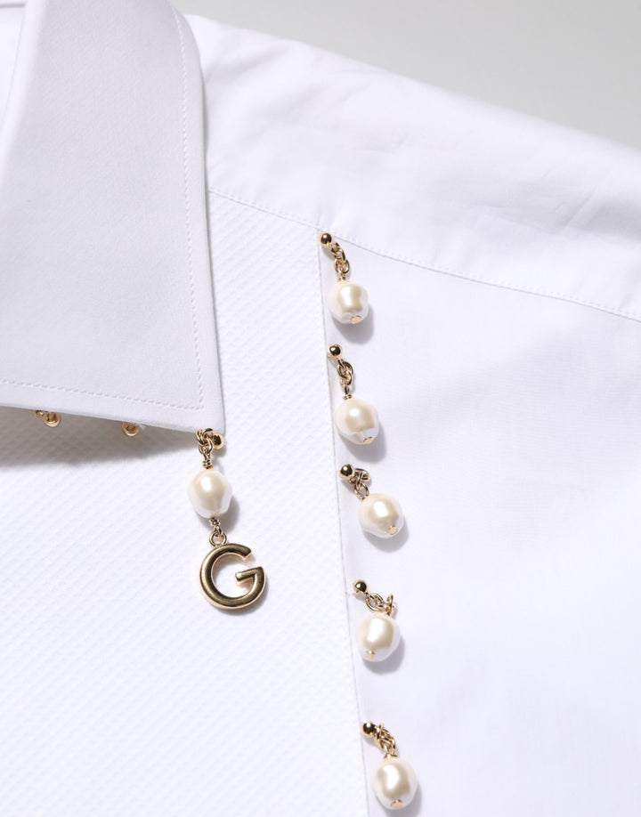 Dolce &amp; Gabbana White Cotton DG Logo Pearl GOLD Formal Shirt