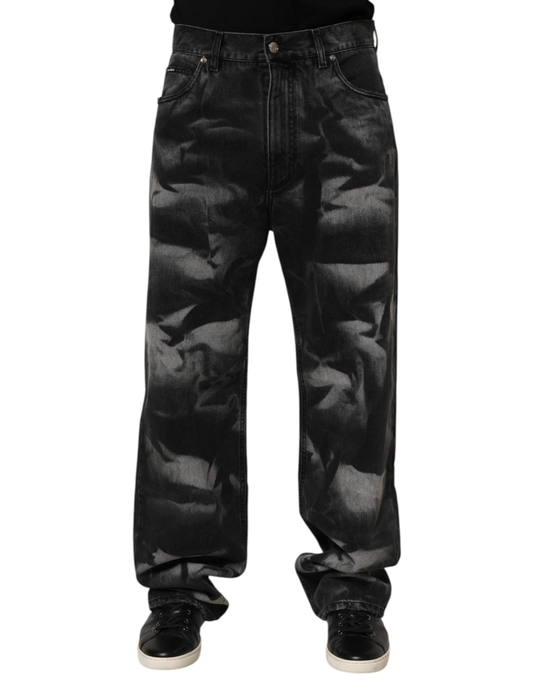Dolce &amp; Gabbana Black Marbled Effect Straight Men Denim Jeans