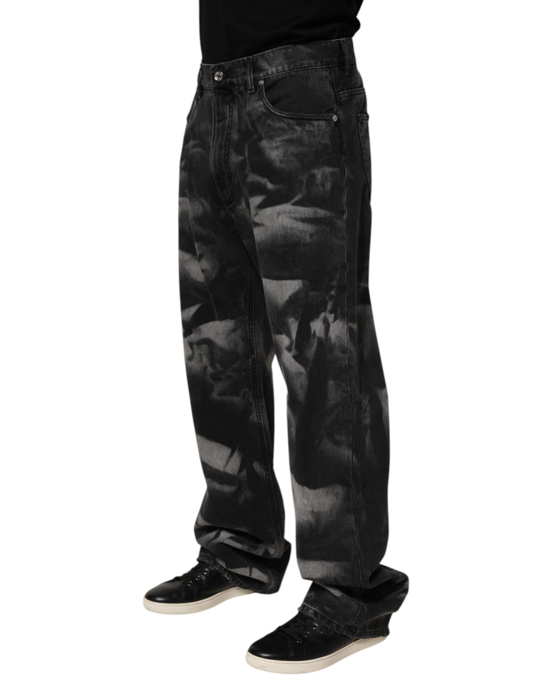 Dolce &amp; Gabbana Black Marbled Effect Straight Men Denim Jeans