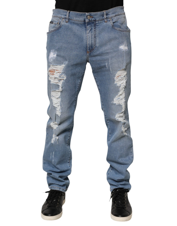 Dolce &amp; Gabbana Blue Tattered Slim Fit Cotton Denim Jeans