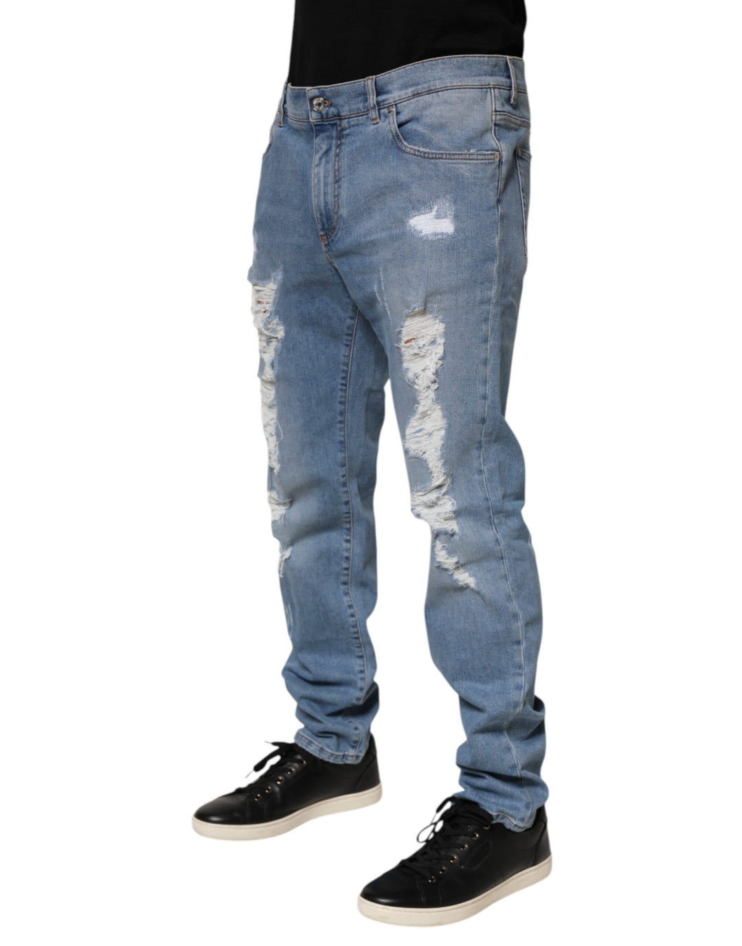 Dolce &amp; Gabbana Blue Tattered Slim Fit Cotton Denim Jeans