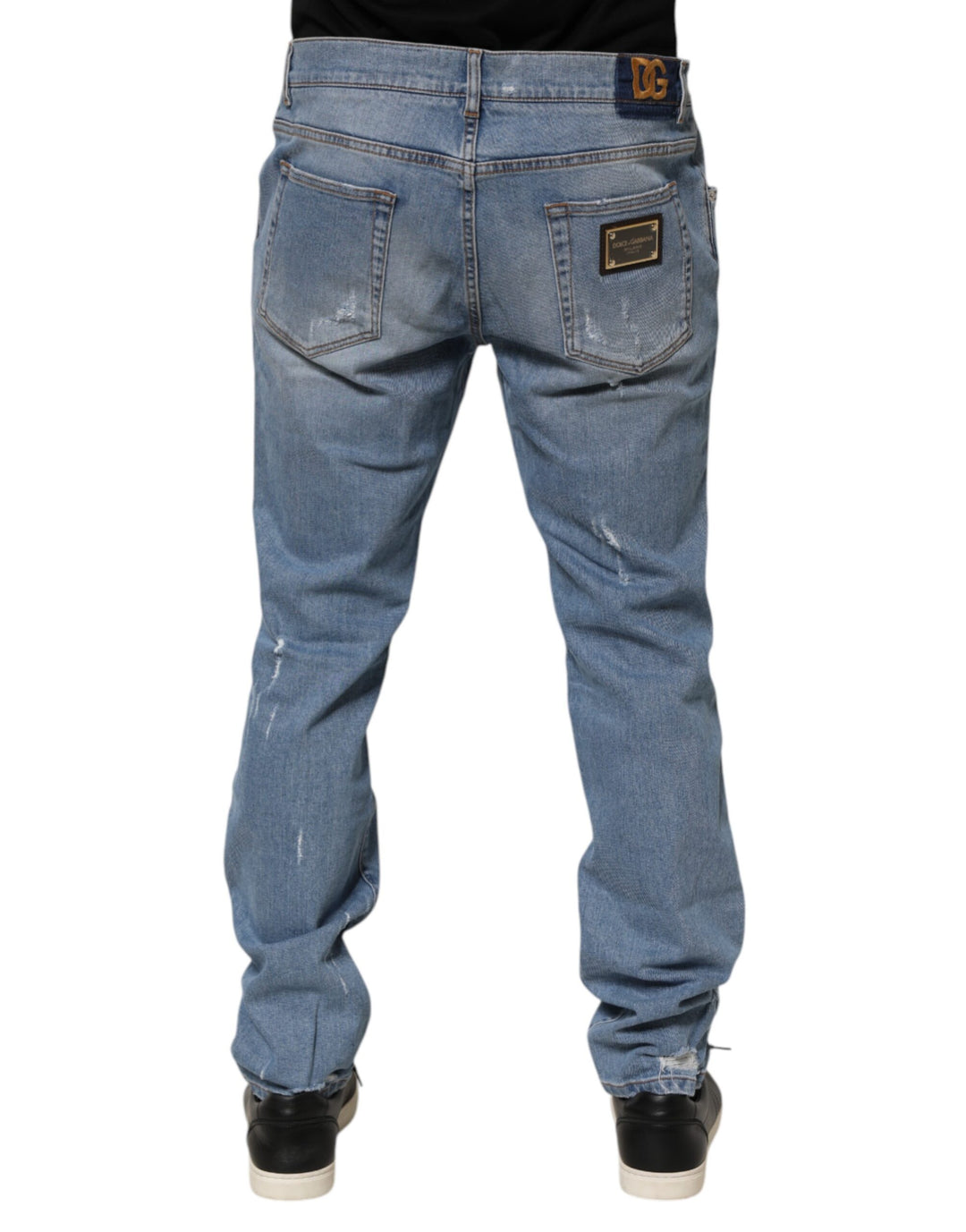 Dolce &amp; Gabbana Blue Tattered Slim Fit Cotton Denim Jeans