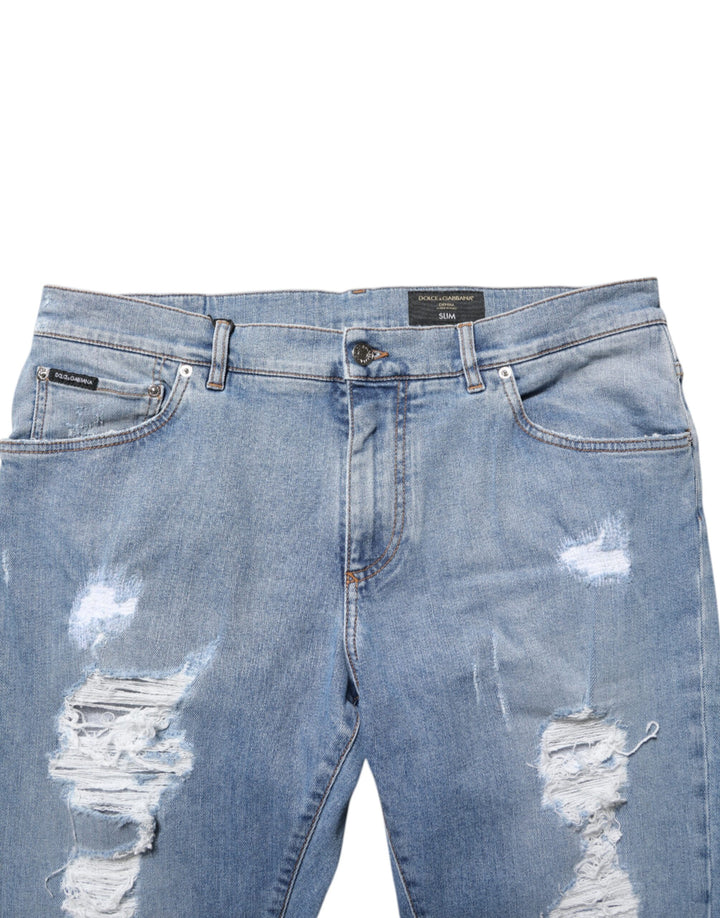 Dolce &amp; Gabbana Blue Tattered Slim Fit Cotton Denim Jeans