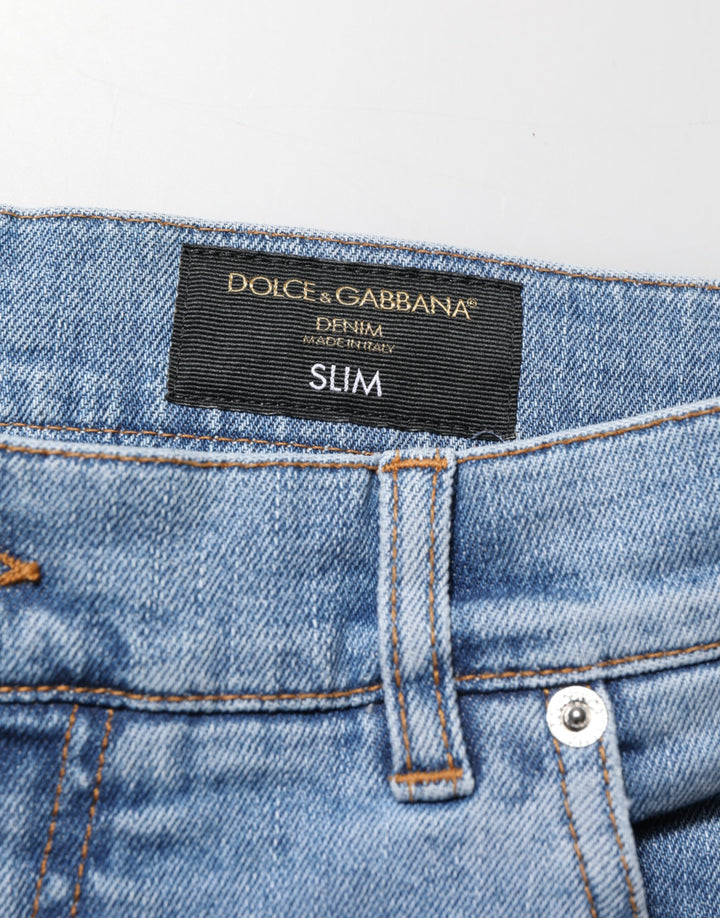 Dolce &amp; Gabbana Blue Tattered Slim Fit Cotton Denim Jeans