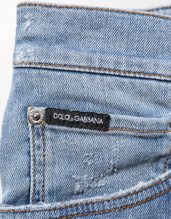 Dolce &amp; Gabbana Blue Tattered Slim Fit Cotton Denim Jeans