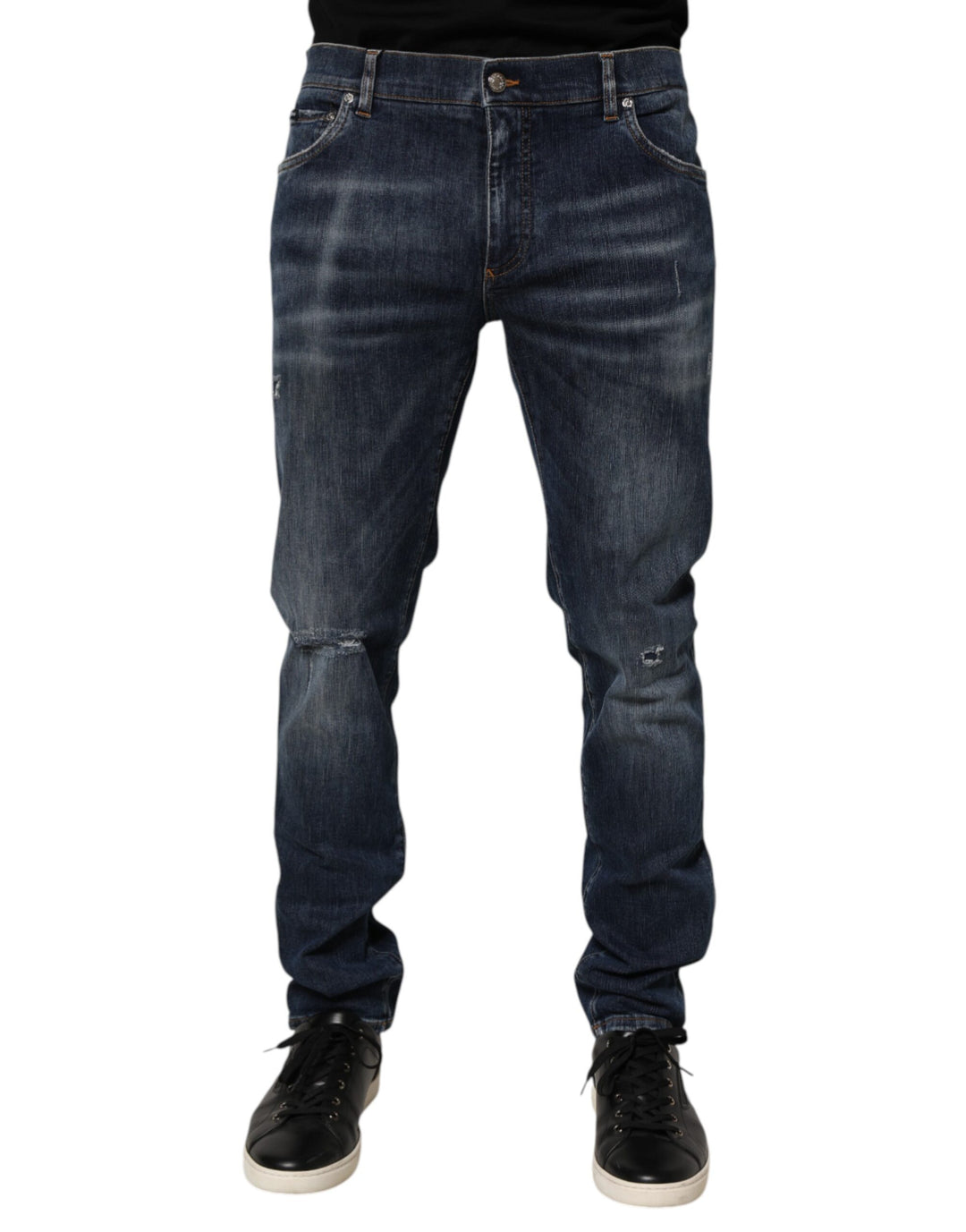 Dolce &amp; Gabbana Dark Blue Washed Running Ripped Denim Jeans