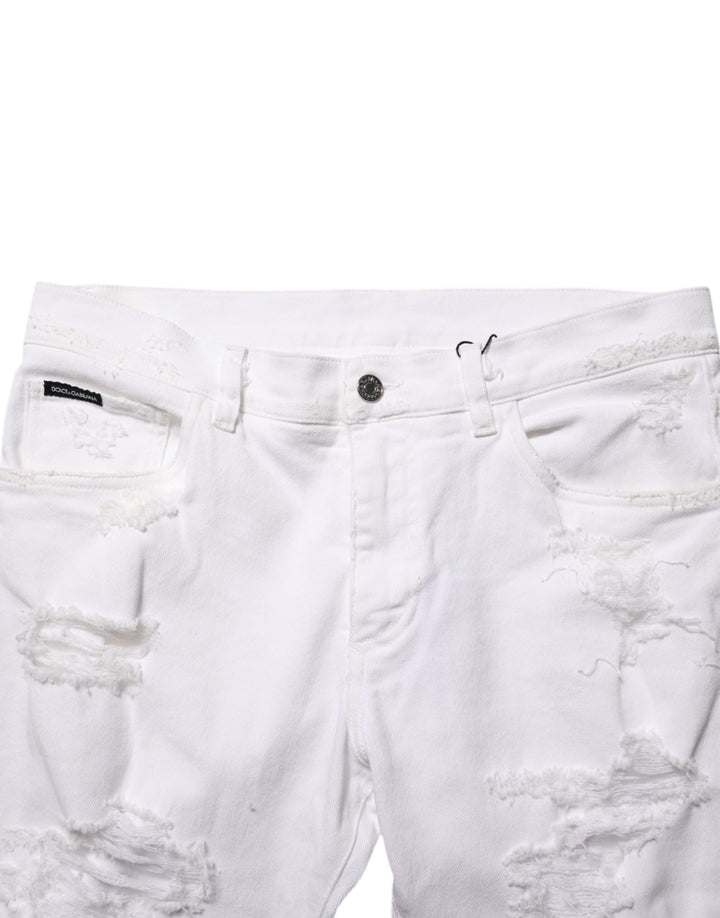 Dolce &amp; Gabbana White Distressed Ripped Denim Trouser Jeans