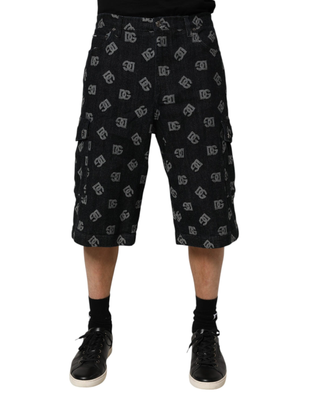 Dolce &amp; Gabbana Black Monogram Denim Cargo Men Bermuda Short