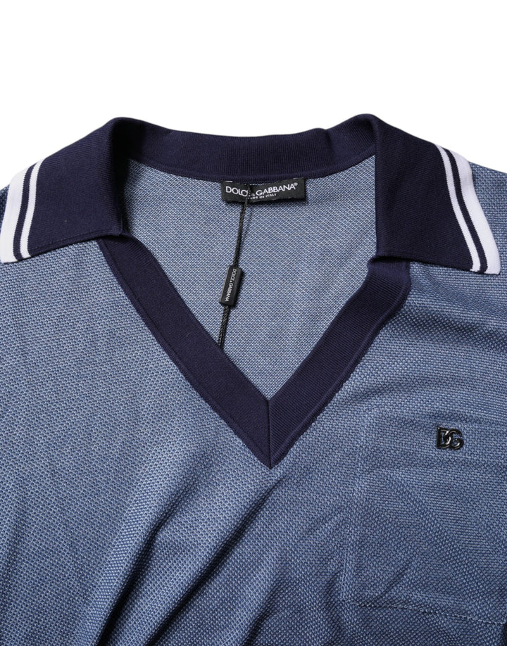 Dolce &amp; Gabbana Blue Collared V-neck Silk Blend Polo T-shirt