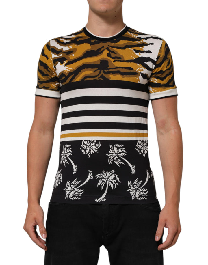 Dolce &amp; Gabbana Multicolor Leopard Palm Leaf Men Crew Neck T-shirt