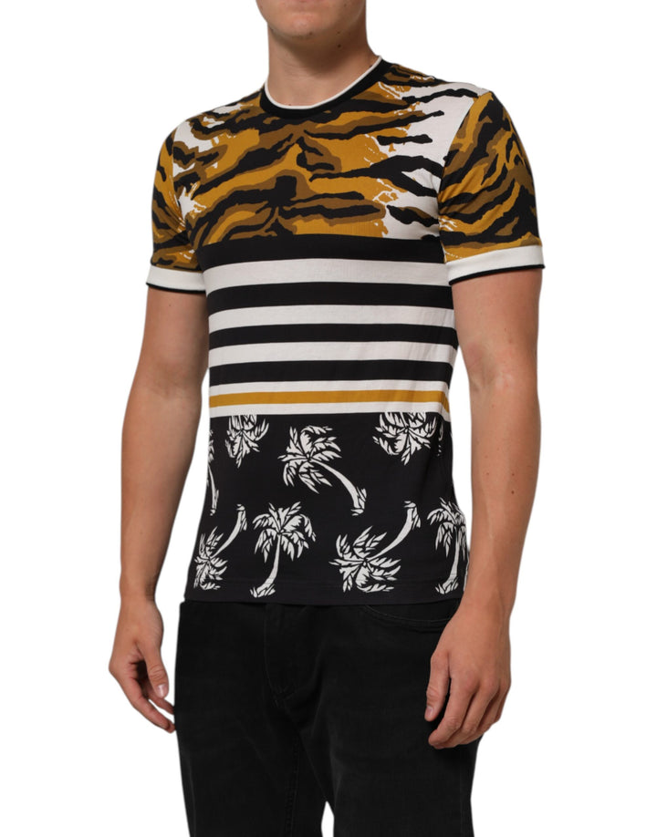 Dolce &amp; Gabbana Multicolor Leopard Palm Leaf Men Crew Neck T-shirt
