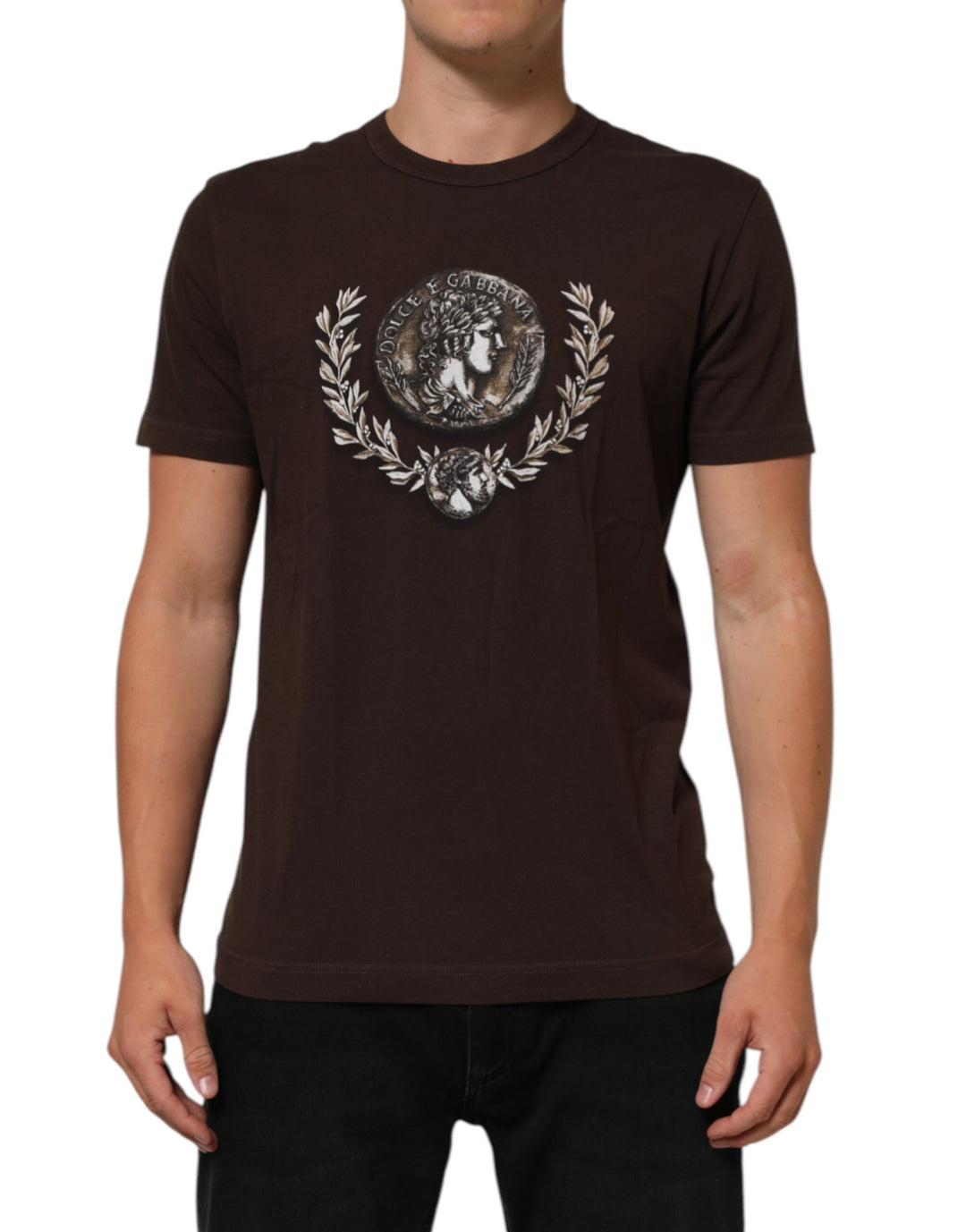Dolce &amp; Gabbana Brown Coin Laurel Print Men Crew Neck T-shirt