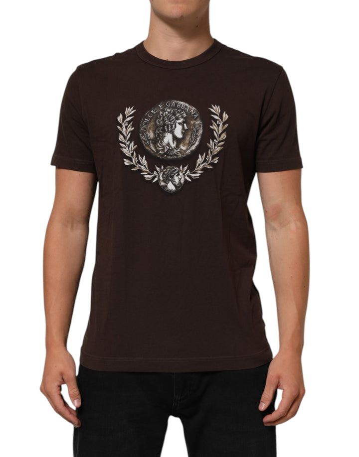 Dolce &amp; Gabbana Brown Coin Laurel Print Men Crew Neck T-shirt