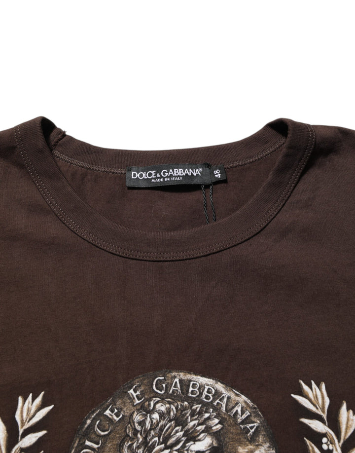 Dolce &amp; Gabbana Brown Coin Laurel Print Men Crew Neck T-shirt