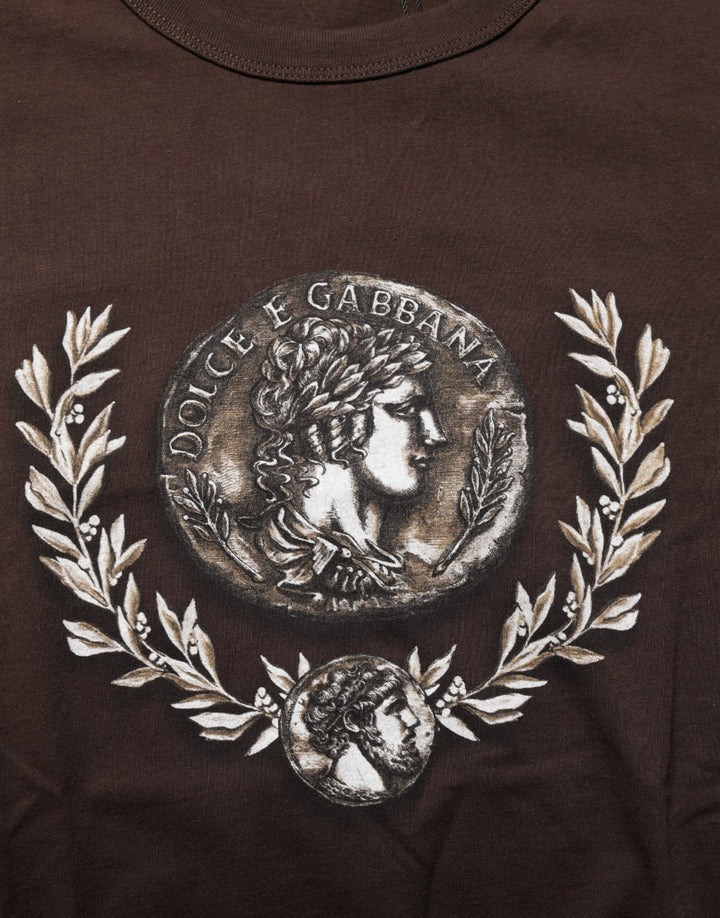Dolce &amp; Gabbana Brown Coin Laurel Print Men Crew Neck T-shirt