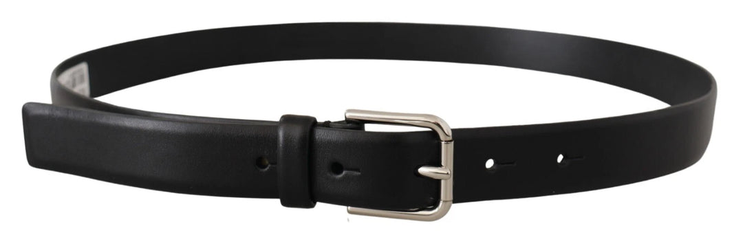 Dolce &amp; Gabbana Black Calf Leather Silver Tone Logo Buckle Belt