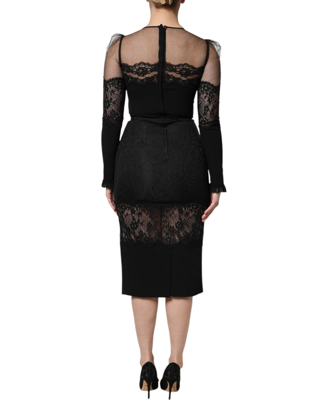 Dolce &amp; Gabbana Black Lace Trim Nylon Tulle SheathMidi Dress