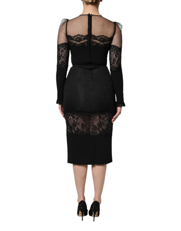 Dolce &amp; Gabbana Black Lace Trim Nylon Tulle SheathMidi Dress