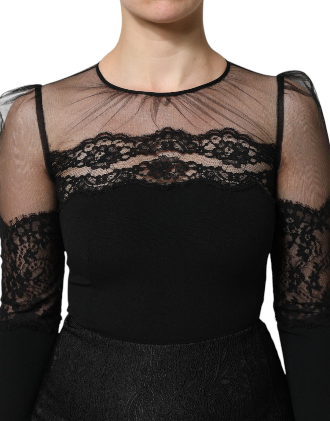 Dolce &amp; Gabbana Black Lace Trim Nylon Tulle SheathMidi Dress