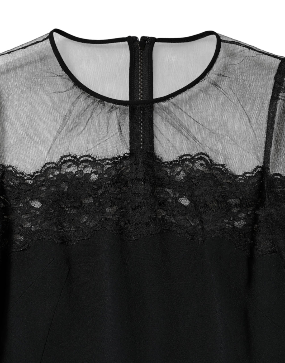 Dolce &amp; Gabbana Black Lace Trim Nylon Tulle SheathMidi Dress