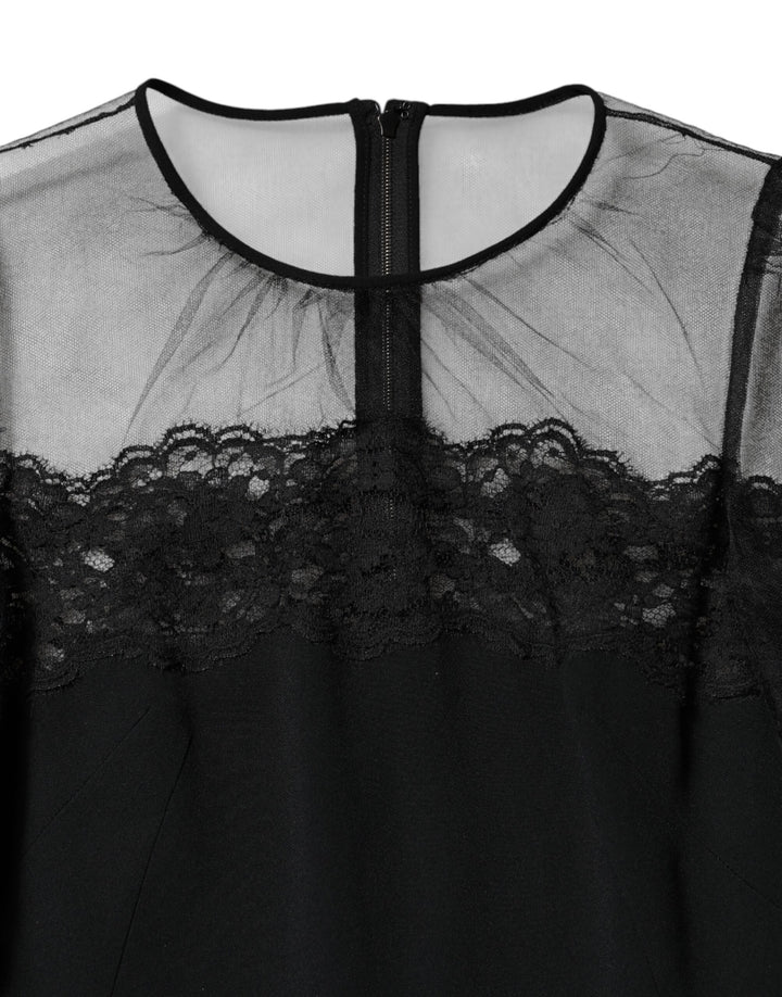Dolce &amp; Gabbana Black Lace Trim Nylon Tulle SheathMidi Dress