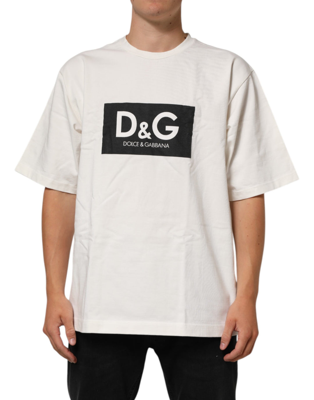 Dolce &amp; Gabbana White Logo Print Cotton Crew Neck Men T-shirt