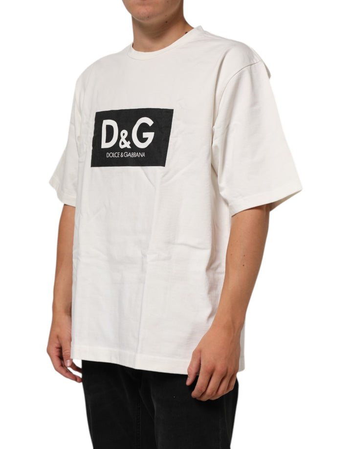 Dolce &amp; Gabbana White Logo Print Cotton Crew Neck Men T-shirt